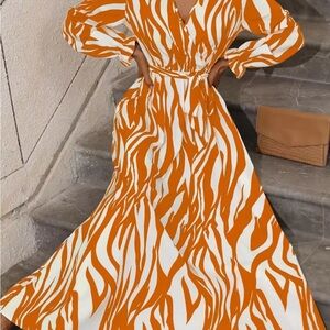 SHEIN Vibrant Orange and White Long Sleeve Dress